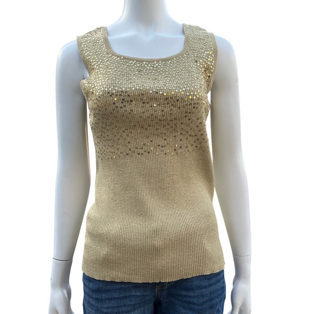 Once 1 again Womens Vintage Gold Shimmer Sequin Knit Sleeveless Blouse Size L